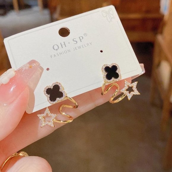 Copper Black Cubic Zirconia Flower Decor Earrings - Picture 4 of 5